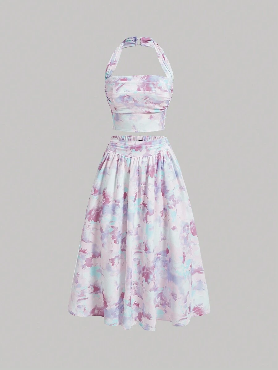 SHEIN MOD 女士印花荷葉邊露背上衣和裙子套裝