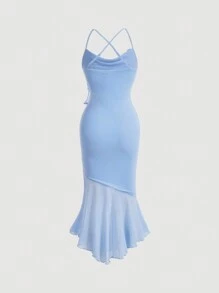 SHEIN MOD Solid Color Splice Mesh & High Low Hem Cami Dress - Blue - View 2