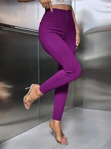 SHEIN Essnce 女士純色百褶修身褲 - 紫羅蘭色 - 查看 1