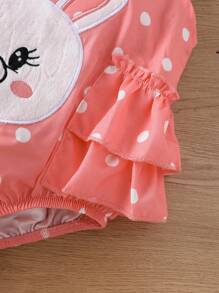 充滿波點印花的可愛兔子刺繡連體褲,搭配白色條紋上衣的嬰兒女孩2件套裝 - 彩色 - 查看 4