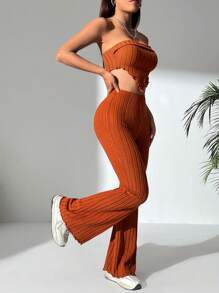 SHEIN PETITE Top bandeau estriado liso y pantalones acampanados - Burdeos - Ver 5