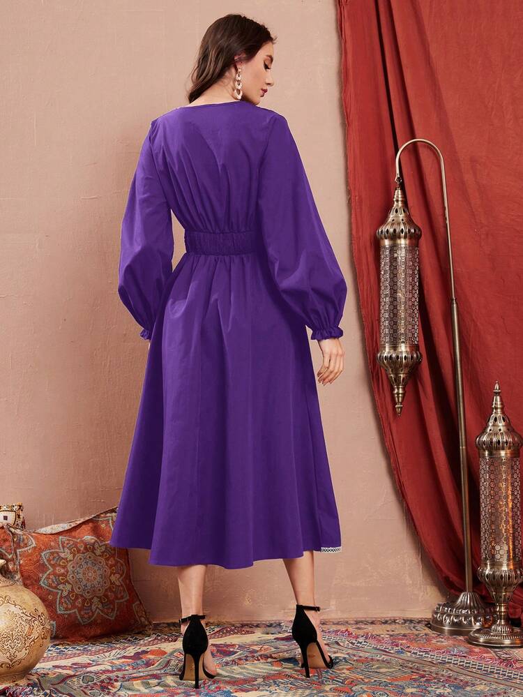 Women's Lantern Sleeves A-Line Dress With Waist Gathers And Patterned Patchwork