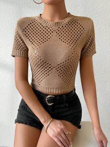 SHEIN Clasi Solid Color Hollow Out Knitted Short Sleeve Top - White - View 5