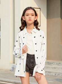 Tween Girls 日常甜美與酷感心形印花寬鬆休閒長袖襯衫 - 黑色 - 查看 4