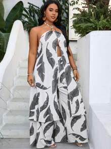 SHEIN VCAY Plus Size Summer Beach Vacation Style Tropical Print Halter Neck Camisole Top And Long Pants Two-Piece Set