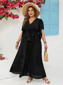 SHEIN VCAY 大尺碼夏季假日實色交叉前裙開叉沙灘裝 - 黑色 - 查看 5