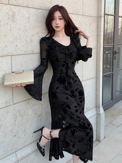 DAZY 植绒提花V领荷叶边下摆喇叭袖侧开衩连衣裙，生日舞会礼服，秋季长袖连衣裙，优雅女士连衣裙