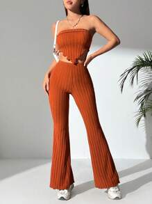 SHEIN PETITE Top bandeau estriado liso y pantalones acampanados - Burdeos - Ver 4