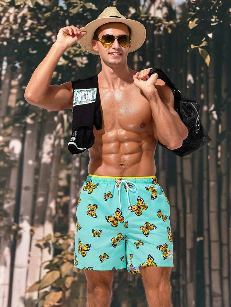 Men's Beach Shorts With Butterfly Print And Drawstring Waist