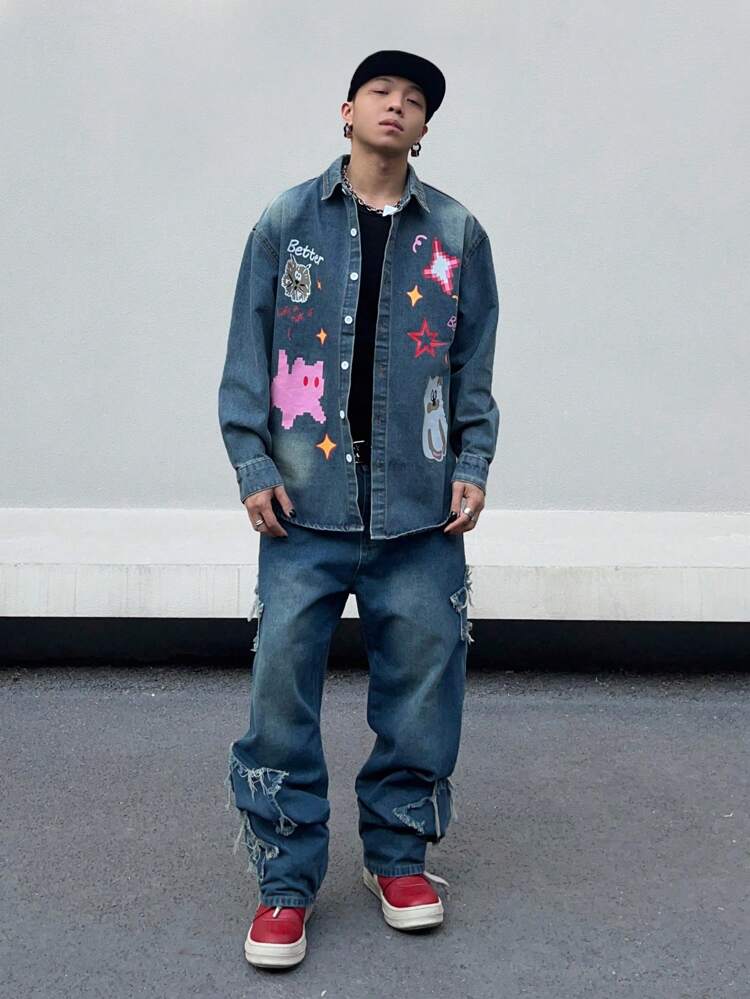 Men's Graffiti Printed Drop Shoulder Denim Shirt