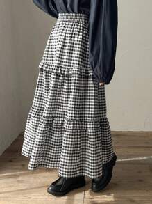 FRIFUL 女士格子荷叶边半身裙 - 黑與白 - 查看 9