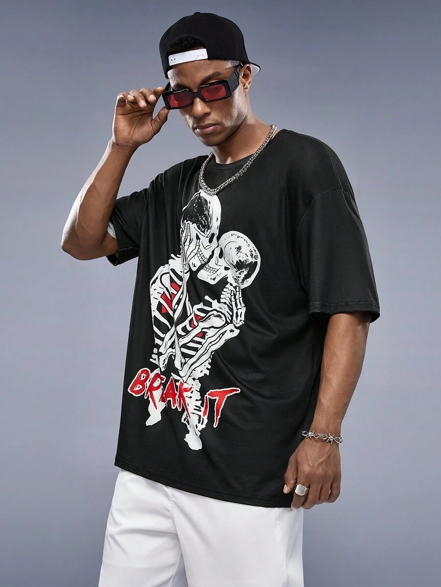 Manfinity RebelGame Nam In Đầu lâu Dệt kim Thời gian rảnh rỗi Áo thun - màu đen - Xem 1