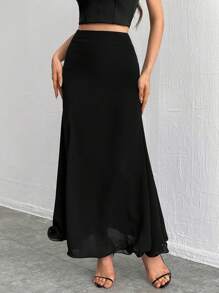 SHEIN Privé Elegante falda de doble capa con abertura alta en unicolor - Negro - Ver 5