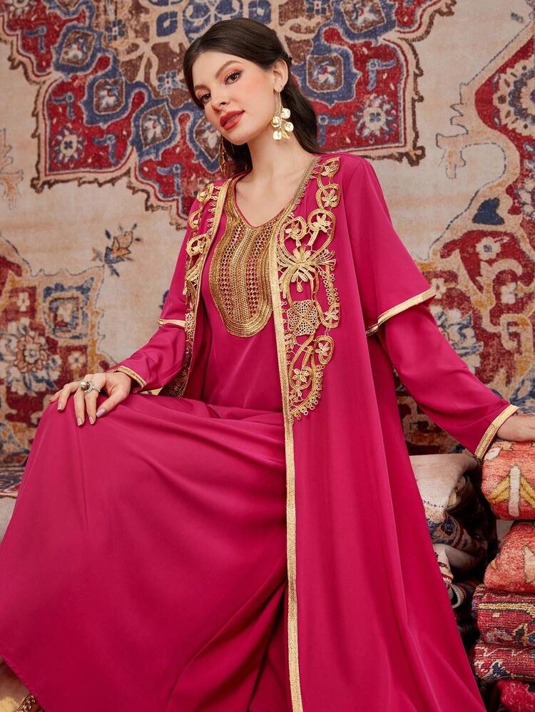 Women's Floral Decor Long Sleeve Outerwear And Dress Two Pieces Set 2 Pieces Set