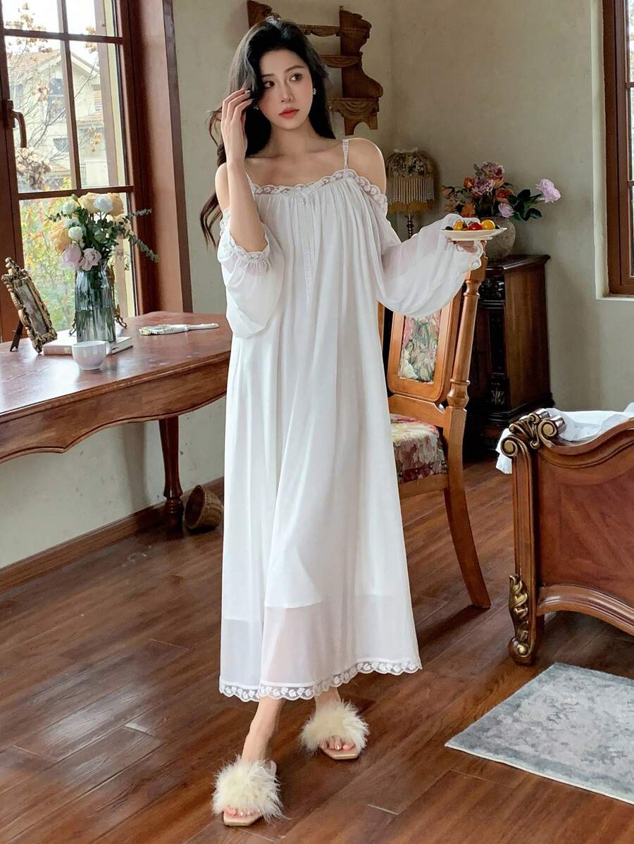 DAZY Lace Patchwork Sheer Mesh Pleated Nightgown With Cut-Out Shoulders Summer Pajama, Moo Moo