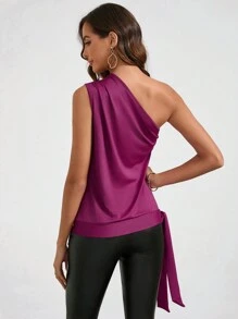 SHEIN Clasi Solid One Shoulder Side Knot Wedding Top - Red Violet - View 3