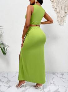 VaVaBold 扭結褶皺分叉大腿裙 - 綠色 - 查看 2