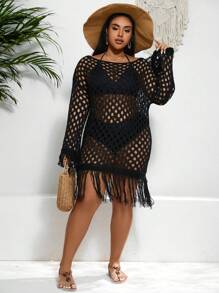 Swim Lushoire Summer Beach 1pc Plus Size Knitted Cover Up Dress With Fringe Decoration And Hollow Out Design - Black - View 4