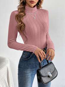 SHEIN Tall Women's High Neck Long Sleeve T-Shirt - Dusty Pink - View 4