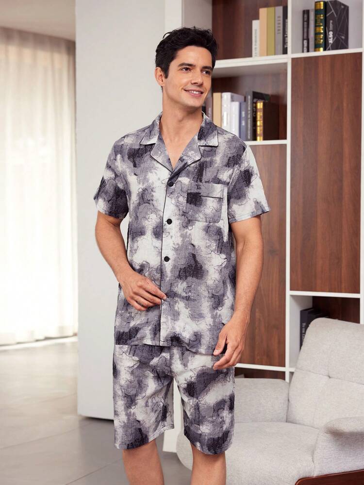 Men's Grey Tie Dye Regular Sleeve Pajama Set With Collar And Pocket Comfortable Non Stretch Fabric Loungewear