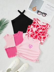 Tween Girls' Knit Short Tank Top For Summer Set With Heart Print, 4pcs For Spring/Summer