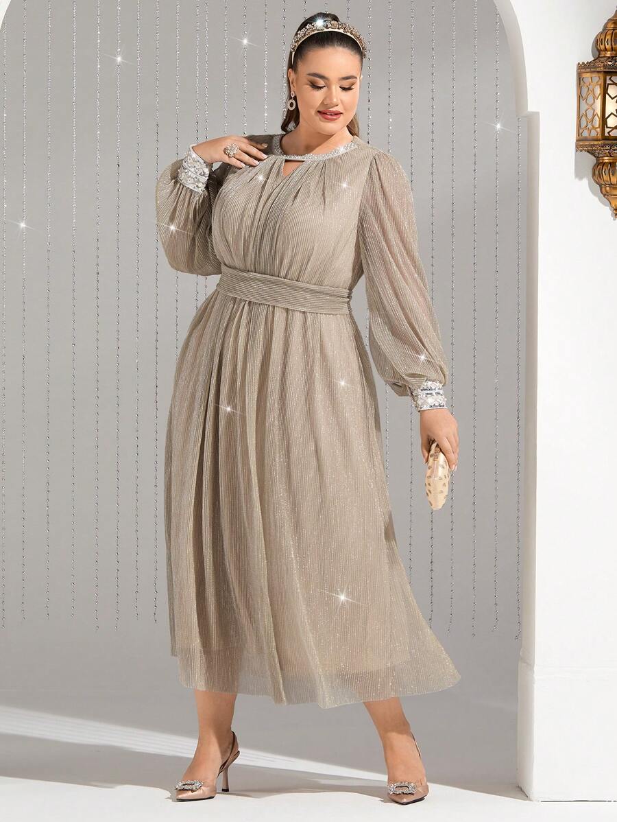 Modelyn Kích thước lớn Kim sa Vá lại Tay áo lồng đèn Đầm - Rượu sâm banh - Xem 1