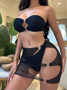 SHEIN Swim 女士纯色露肩比基尼套装夏季海滩 - 黑色 - 查看 7