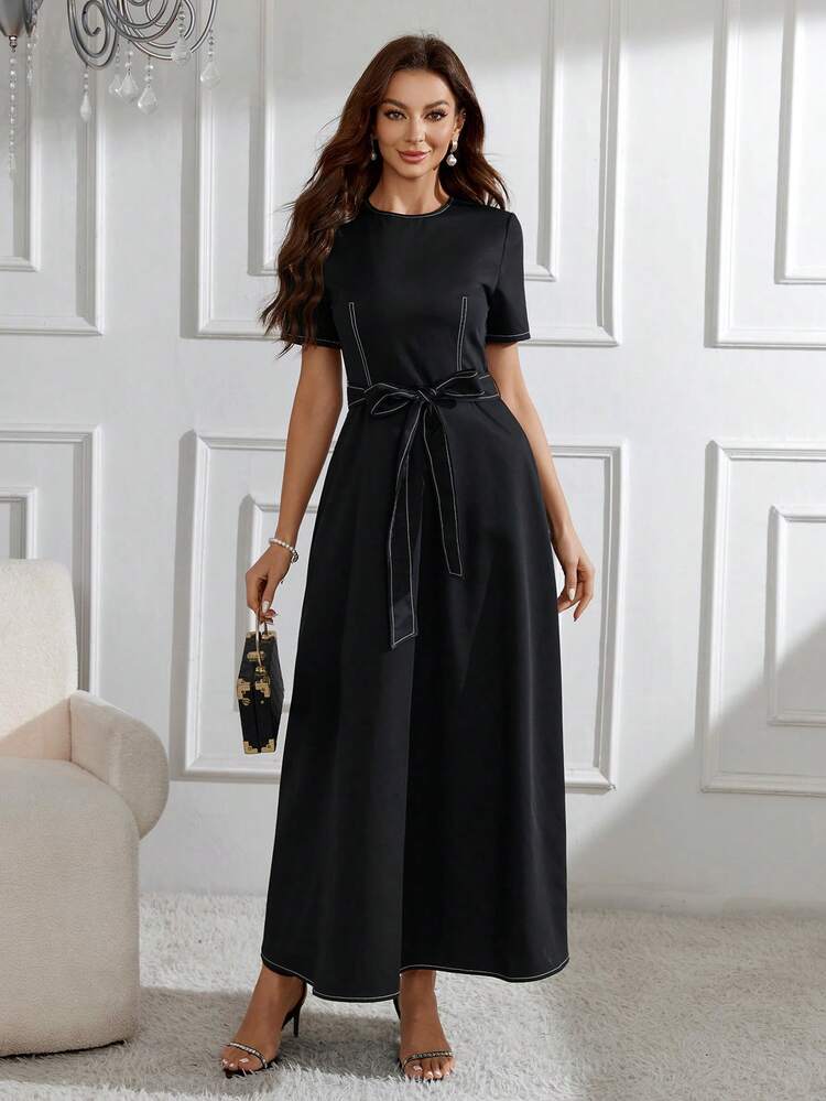 Women's Short Sleeve Arabic Style Color Blocked Stitching Dress Long Evening Dresses