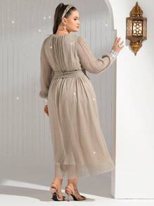 Modelyn Kích thước lớn Kim sa Vá lại Tay áo lồng đèn Đầm - Rượu sâm banh - Xem 2