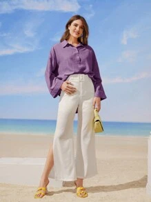 Mulvari 女士宽松落肩衬衫、长袖上衣 - 淺灰紫 - 查看 4