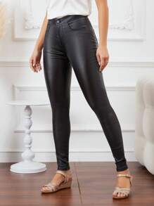 Chiquease Pantalones pitillo de unicolor casual y versátiles para mujer - Negro - Ver 4
