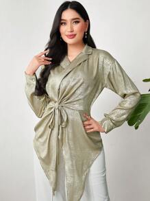 Mulvari 女士金属面料不对称下摆衬衫 - 金色 - 查看 3