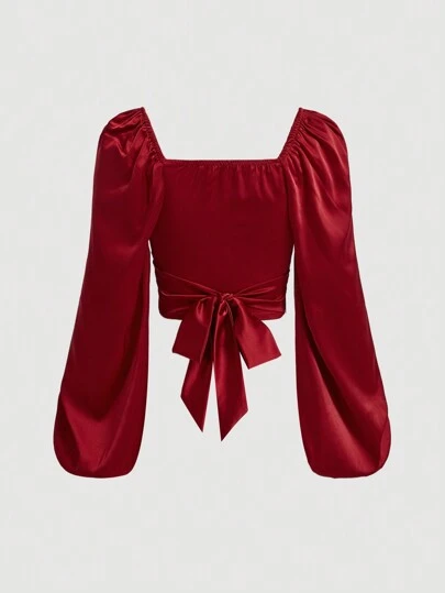 SHEIN MOD Chemise à manches lanternes avec plis et nœud dans le dos, couleur unie, Top à manches longues