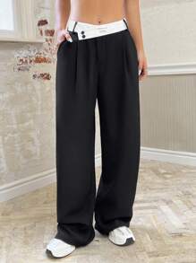 SHEIN EZwear 拼色腰部直筒西裝褲 - 黑與白 - 查看 3