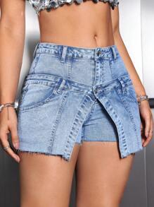 SHEIN EZwear Asymmetrical Hemline Buttoned Denim Shorts