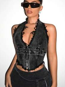 SHEIN ICON Y2K Water Washed Halter Top có viền sờn và thiết kế hở lưng - Màu xám đen - Xem 3