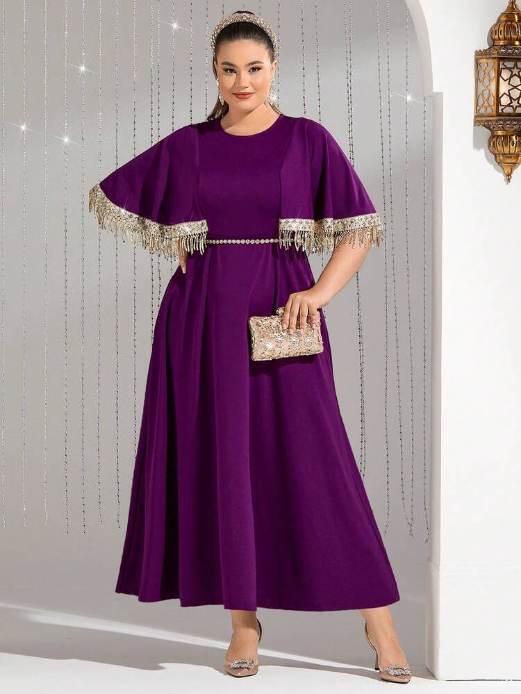 Plus Size Tassel Decorated Dress With Woven Trim,Elegant Evening Party Dress Long Evening Dresses