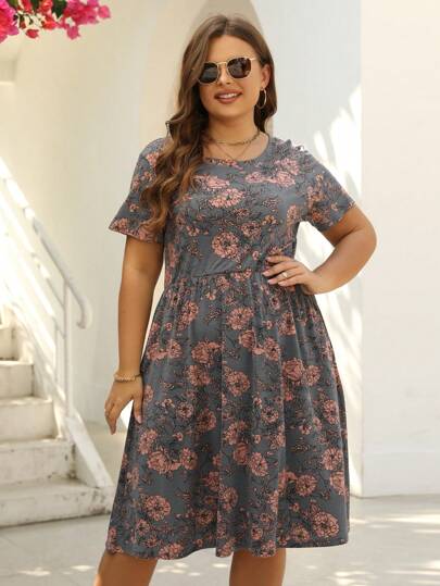 Nemidor Plus Size Women Boho Floral Print Short Sleeve Dress, For Summer