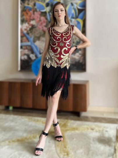 ANGEL FASHIONS Vintage V-Neck Sequined Double-Layer Fringe Hem Ball Gown
