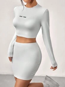 SHEIN Unity 印字緊身短上衣搭配單色膝長裙兩件套 - 白色 - 查看 4