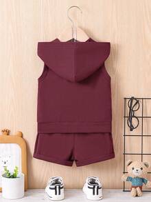 Đứa bé trai Nhỏ bé Gấu In thư áo có mũ Áo Bộ quần short - Đỏ - Xem 2