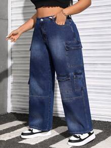 SHEIN EZwear Kích thước lớn Của phụ nữ Lỏng lẻo phù hợp Nhiều túi Denim Quần chân thẳng - Rửa trung bình - Xem 1