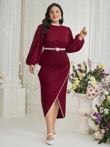 Modelyn Burgundy Red Plus Size Beaded Detail Lantern Sleeve Wrap Hem Dress Without Waist Chain Long Evening Dresses - Burgundy - View 4