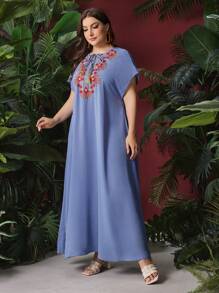 Al Najma Plus Size Belted Embroidery Detail Batwing Short Sleeve Dress With Deep V-Neck Kaftan Jalabiya Dress - Blue - View 5