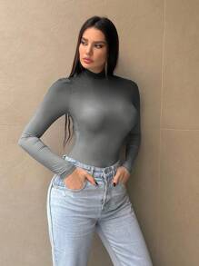 SHEIN Essnce Solid Color Stand Collar Long Sleeve Bodysuit - Grey - View 3