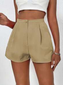 Breezaya Pantalones Cortos De Color Sólido Con Bolsillos Inclinados Y Pliegues Doblados - Caqui - Ver 4