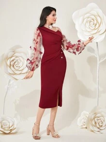 Modelyn Burgundy Red Butterfly Embroidery Sheer Mesh Contrast Slit Dress Long Evening Dresses