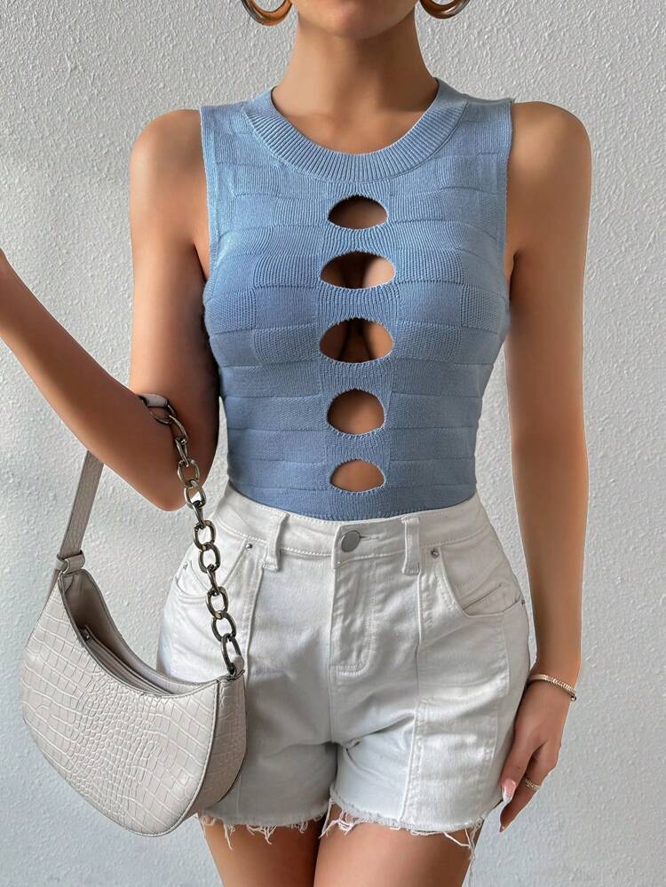 Solid Color Hollow Out Sleeveless Top