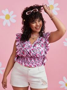 HELLO KITTY AND FRIENDS | SHEIN Mujeres Plus Blusa Rosa Con Estampado De Dibujos Animados Y Cuello En V Con Ribetes Con Volantes Para La Primavera Y El Verano - Rosa - Ver 6