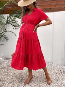SHEIN 孕婦翻領單排釦短袖連衣裙 - 紅色 - 查看 3